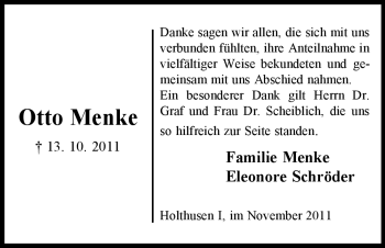 Traueranzeige von Otto Menke von ALLGEMEINE ZEITUNG UELZEN