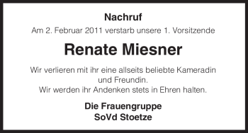 Traueranzeige von Renate Miesner von ALLGEMEINE ZEITUNG UELZEN