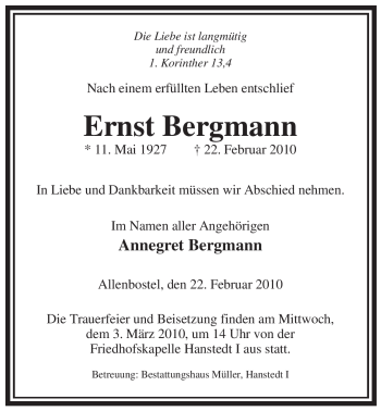 Traueranzeige von Ernst Bergmann von ALLGEMEINE ZEITUNG UELZEN