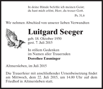 Traueranzeige von Luitgard Seeger von Uelzen