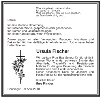 Traueranzeige von Ursula Fischer von ALLGEMEINE ZEITUNG UELZEN