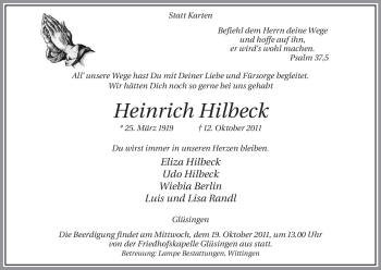 Traueranzeige von Heinrich Hilbeck von ALLGEMEINE ZEITUNG UELZEN