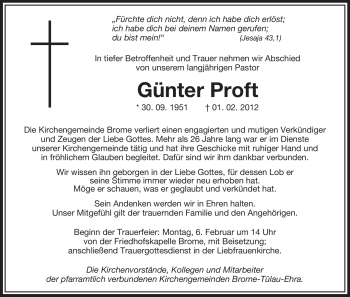 Traueranzeige von Günter Proft von ALLGEMEINE ZEITUNG UELZEN