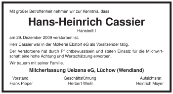 Traueranzeige von Hans-Heinrich Cassier von ALLGEMEINE ZEITUNG UELZEN