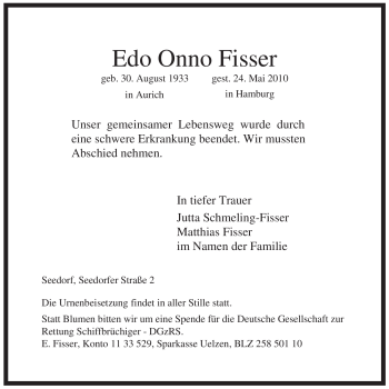 Traueranzeige von Edo Onno Fisser von ALLGEMEINE ZEITUNG UELZEN