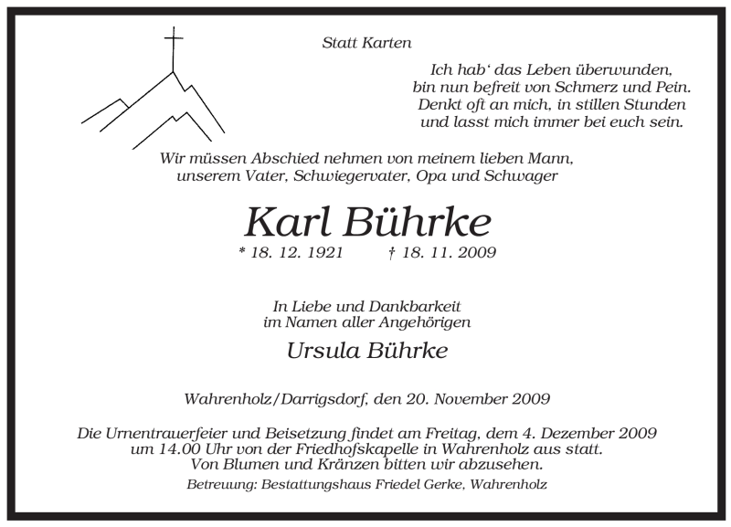  Traueranzeige für Karl Bührke vom 20.11.2009 aus ALLGEMEINE ZEITUNG UELZEN