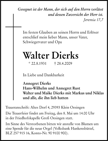 Traueranzeige von Walter Dierks von ALLGEMEINE ZEITUNG UELZEN