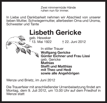 Traueranzeige von Lisbeth Gericke von ALLGEMEINE ZEITUNG UELZEN