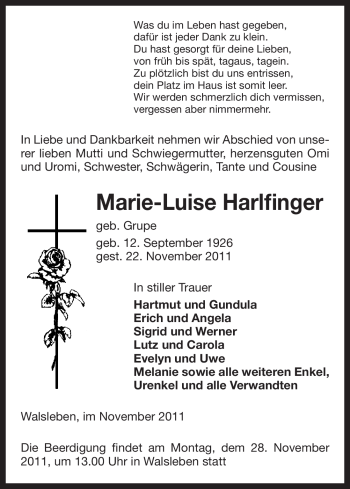 Traueranzeige von Marie-Luise Harlfinger von ALLGEMEINE ZEITUNG UELZEN