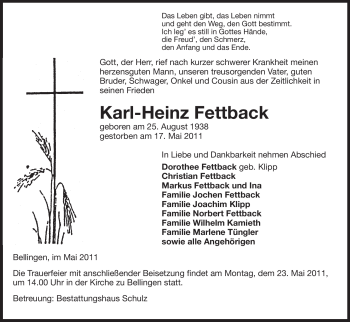 Traueranzeige von Karl-Heinz Fettback von ALLGEMEINE ZEITUNG UELZEN