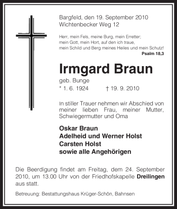 Traueranzeige von Irmgard Braun von ALLGEMEINE ZEITUNG UELZEN