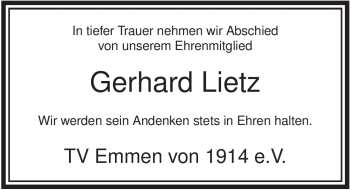 Traueranzeige von Gerhard Lietz von ALLGEMEINE ZEITUNG UELZEN