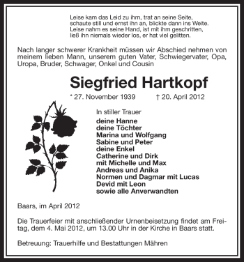 Traueranzeige von Siegfried Hartkopf von ALLGEMEINE ZEITUNG UELZEN