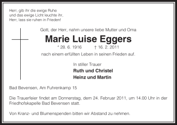 Traueranzeige von Marie Luise Eggers von ALLGEMEINE ZEITUNG UELZEN