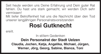 Traueranzeige von Rosi Gutknecht von ALLGEMEINE ZEITUNG UELZEN