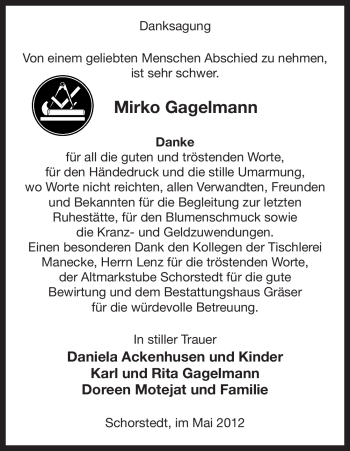 Traueranzeige von Mirko Gagelmann von ALLGEMEINE ZEITUNG UELZEN