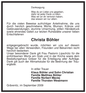 Traueranzeige von Christa Böhler von ALLGEMEINE ZEITUNG UELZEN