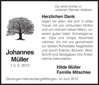 Traueranzeige von Johannes Müller von ALLGEMEINE ZEITUNG UELZEN