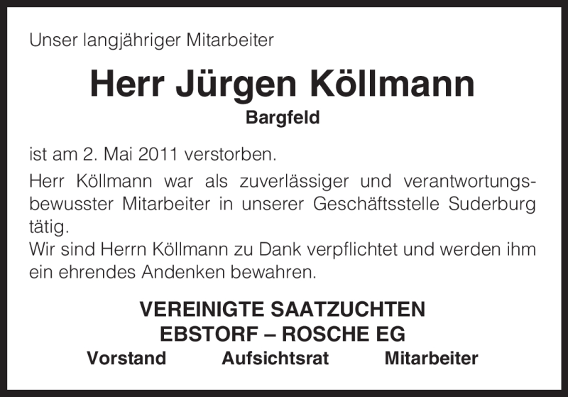  Traueranzeige für Jürgen Köllmann vom 05.05.2011 aus ALLGEMEINE ZEITUNG UELZEN