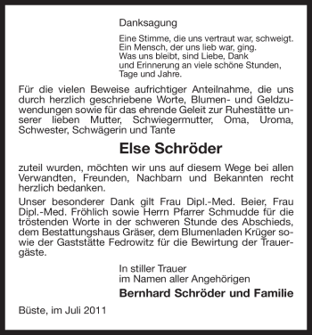 Traueranzeige von Else Schröder von ALLGEMEINE ZEITUNG UELZEN