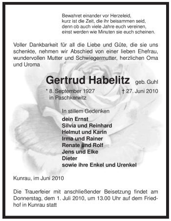 Traueranzeige von Gertrud Habelitz von ALLGEMEINE ZEITUNG UELZEN
