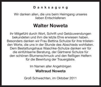 Traueranzeige von Walter Noweta von ALLGEMEINE ZEITUNG UELZEN