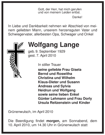 Traueranzeige von Wolfgang Lange von ALLGEMEINE ZEITUNG UELZEN