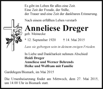 Traueranzeige von Anneliese Dreger von Uelzen