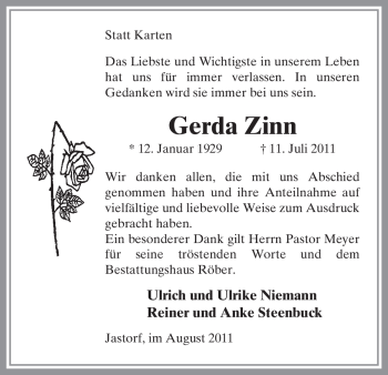 Traueranzeige von Gerda Zinn von ALLGEMEINE ZEITUNG UELZEN