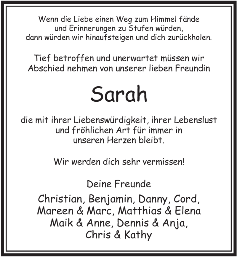  Traueranzeige für Sarah Lebailly vom 28.01.2009 aus ALLGEMEINE ZEITUNG UELZEN