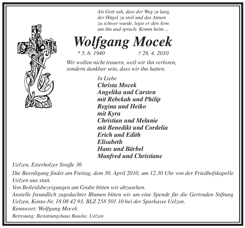 Traueranzeige für Wolfgang Mocek vom 28.04.2010 aus ALLGEMEINE ZEITUNG UELZEN