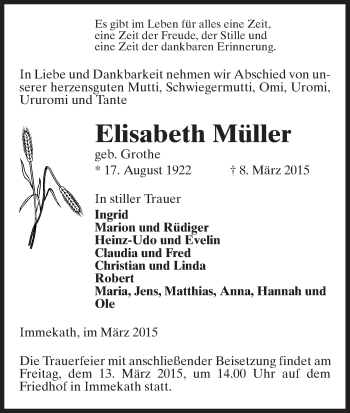 Traueranzeige von Elisabeth Müller von Uelzen