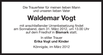 Traueranzeige von Waldemar Vogt von ALLGEMEINE ZEITUNG UELZEN