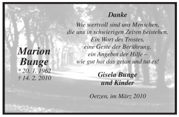 Traueranzeige von Marion Bunge von ALLGEMEINE ZEITUNG UELZEN