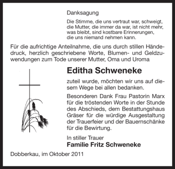 Traueranzeige von Editha Schweneke von ALLGEMEINE ZEITUNG UELZEN