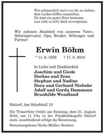 Traueranzeige von Erwin Böhm von ALLGEMEINE ZEITUNG UELZEN