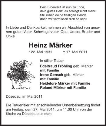 Traueranzeige von Heinz Märker von ALLGEMEINE ZEITUNG UELZEN