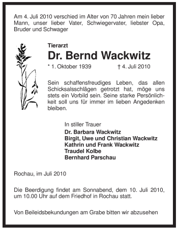 Traueranzeige von Bernd Wackwitz von ALLGEMEINE ZEITUNG UELZEN