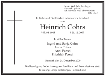 Traueranzeige von Heinrich Cohrs von ALLGEMEINE ZEITUNG UELZEN