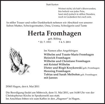 Traueranzeige von Herta Fromhagen von ALLGEMEINE ZEITUNG UELZEN