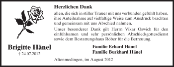 Traueranzeige von Brigitte Hänel von ALLGEMEINE ZEITUNG UELZEN