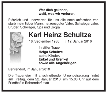 Traueranzeige von Karl Heinz Schultze von ALLGEMEINE ZEITUNG UELZEN