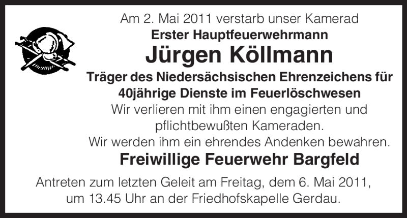  Traueranzeige für Jürgen Köllmann vom 05.05.2011 aus ALLGEMEINE ZEITUNG UELZEN