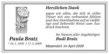 Traueranzeige von Paula Bratz von ALLGEMEINE ZEITUNG UELZEN