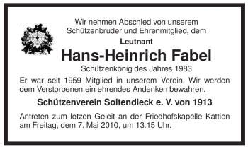 Traueranzeige von Hans-Heinrich Fabel von ALLGEMEINE ZEITUNG UELZEN