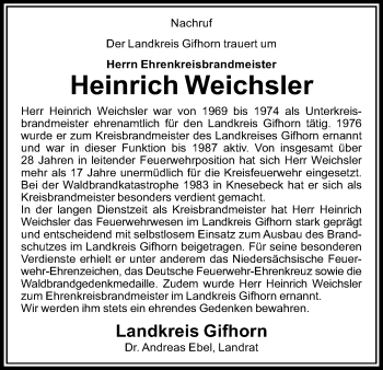 Traueranzeige von Heinrich Weichsler von Uelzen