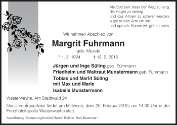 Traueranzeige von Margrit Fuhrmann von Uelzen