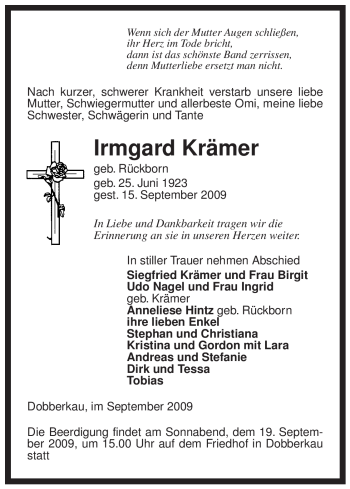 Traueranzeige von Irmgard Krämer von ALLGEMEINE ZEITUNG UELZEN