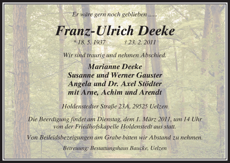  Traueranzeige für Franz-Ulrich Deeke vom 26.02.2011 aus ALLGEMEINE ZEITUNG UELZEN