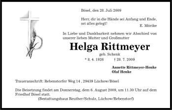 Traueranzeige von Helga Rittmeyer von ALLGEMEINE ZEITUNG UELZEN